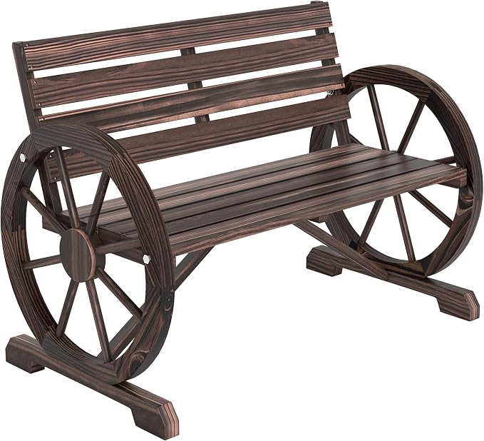Outsunny 41" Wooden Wagon Wheel Bench, Rustic Outdoor Patio Bench Weather Resistance Furniture, 2-Person Slatted Seat with Backrest, Carbonized