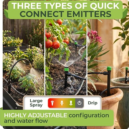 CARPATHEN 100FT Drip Irrigation System - Pressure Optimised Garden Watering System w 15pcs 360° Atomizing Nozzles, 16 Adjustable Drip Emitters 5/16 and 1/4 Tubing - Complete Watering Spray System