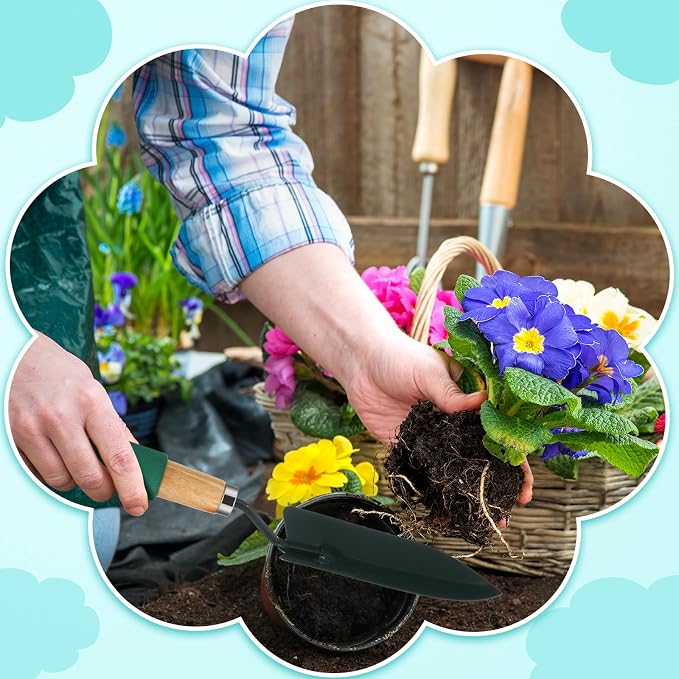 Lasnten 24 Pcs Garden Metal Shovel Digging Trowel Wood Handle Flower Soil Planting Tool for Community Volunteer Gardening Home Lawn Farm Flower Seed Plant Planting Weeding Gardening, green