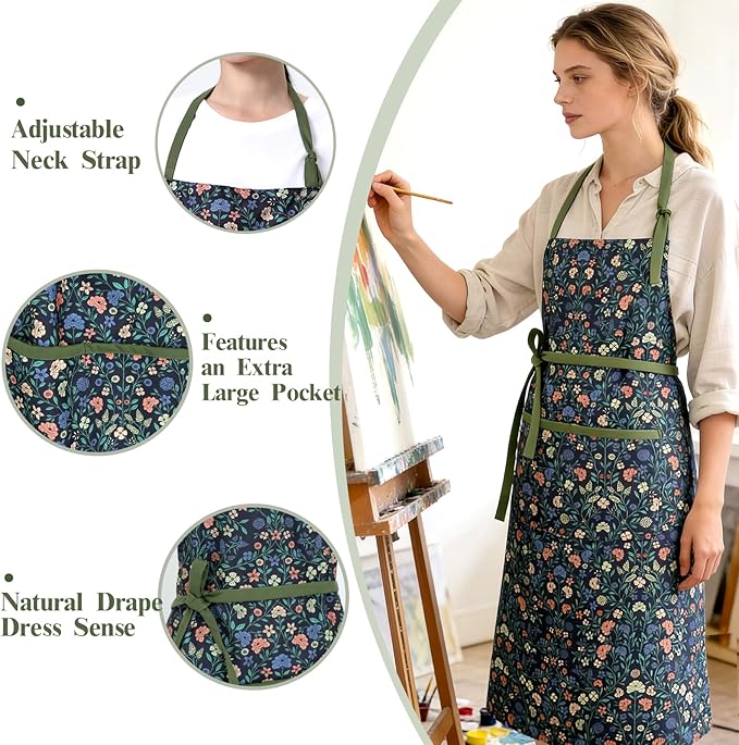 Women's Vintage Floral Kitchen Apron for Cooking & Gardening | Adjustable Neck Straps & Large Pockets, Cute Pinafore for Baking Tea Time, Practical Hostess Gift(Pink/Blue Flowers)
