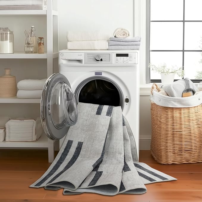 Machine Washable Area Rug Runner - Living Room Bedroom Bathroom Kitchen Entryway Office -Non-Slip Baking Low Pile Stain Resistant Premium - Modern Geometric Loki-Beige & Black 2'6" x 6'