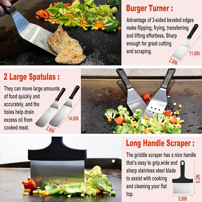 N NOBLE FAMILY 38PCS Flat Top Grill Accessories Set - Must Have for Your Outdoor with Professional Griddle Spatula, Cleaning Kit, Grill Basting Cover - Ideal Griddle Gift for Men Women
