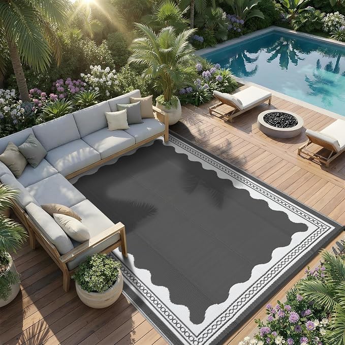 Garvee Outdoor Rug 9x12 Scalloped Waterproof Patio RV Outdoor Rugs Reversible Foldable Plastic Straw Rug Modern Camping Carpet for Deck Camper Porch Balcony Backyard Picnic Beach Grey