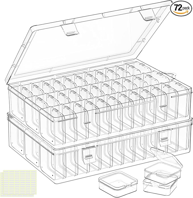 Bead Organizer Box, 72 Pcs Mini Clear Bead Storage with Hinged Lid and Labels, Small Plastic Containers for Jewelry Making, DIY Craft, Diamond Painting, Screws, Nail Art, and Seeds (2 Pack)