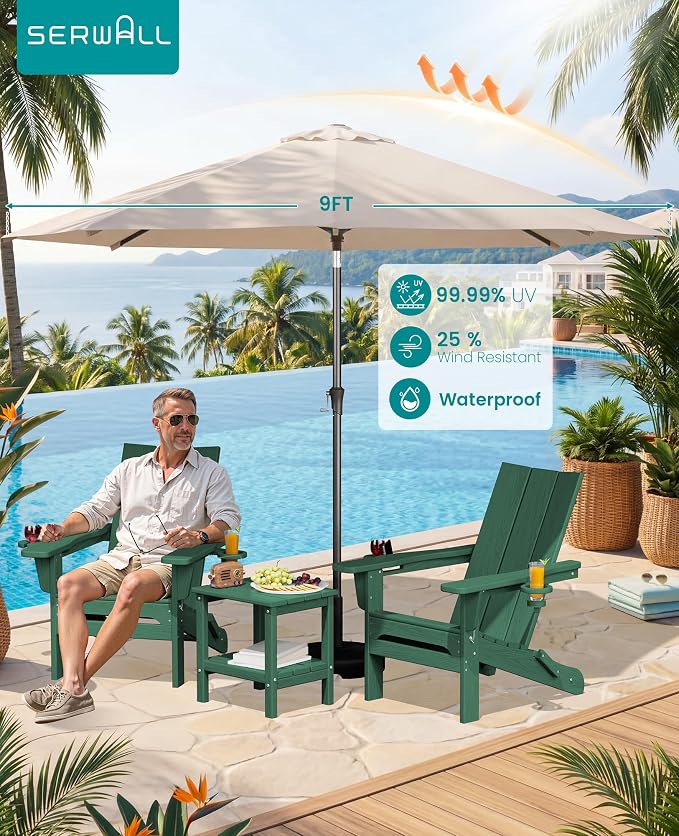 SERWALL Modern Folding Adirondack Chair Set with 9 Ft Umbrella, Folable Adirondack Chairs Set of 2 with Cup Holders, HDPE Fire Pit Chairs for Patio Lawn Garden, Green (Umbrella Base is not Included)