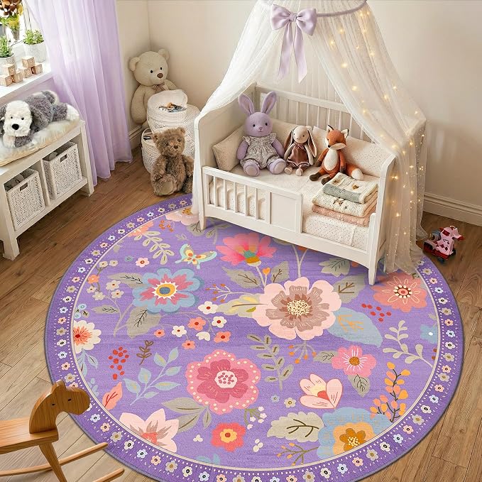 RELEANY Floral Washable Round 6ft Area Rug Purple/Pink | Flower Carpet, Print, Boho, Non-Slip, Easy to Clean, Soft, Low Pile for Living Room Bedroom Kitchen Office Entryway Hallway