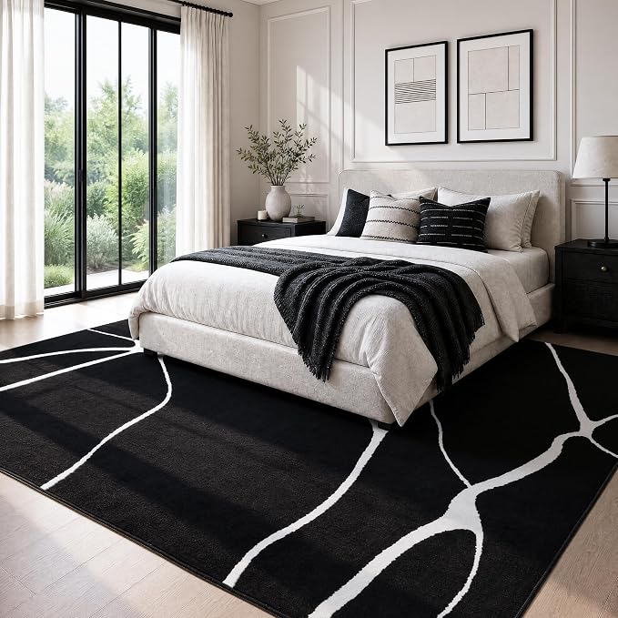 6x9 Washable Modern Abstract Black White Area Rug | Ultra-Thin Low Pile, Non-Slip TPE Backing, Soft Stain Resistant, Machine Washable, for Bedroom Livingroom High Traffic