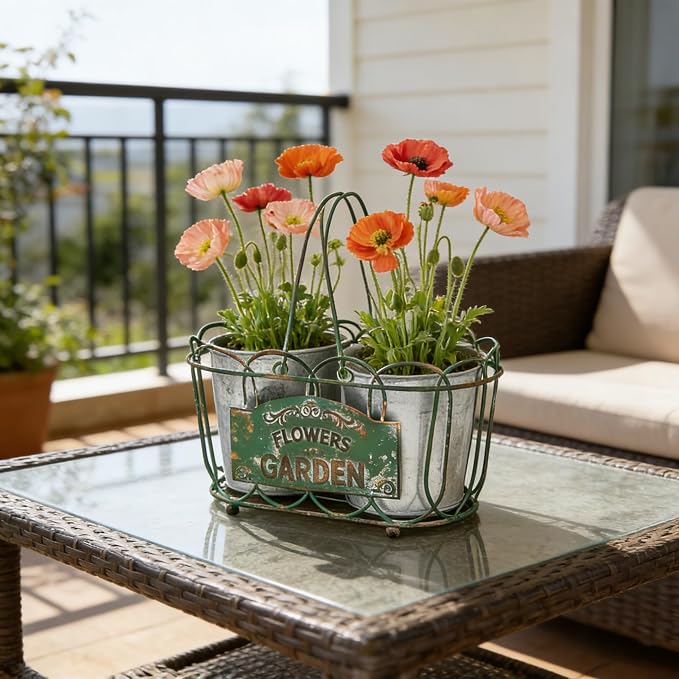 Vintage 2-Piece Metal Planter Set, Distressed Green Iron Wire Basket with Flowers Garden Sign, Rustic Farmhouse Plant Pots for Tabletop, Window Sill & Balcony Decor (Green)