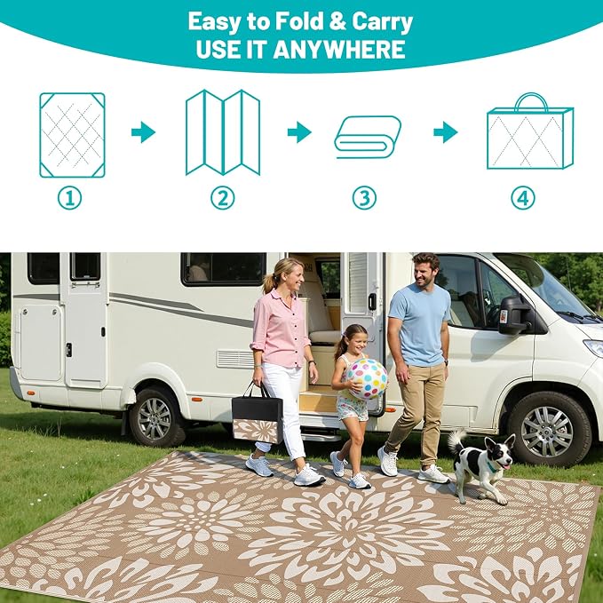 HEBE Waterproof Outdoor Rug 8x10 for Patios, Floral Reversible Plastic Straw Rug Patio Mat, Indoor Outdoor Carpet RV Mat Camping Rug for Deck, Camper, Porch, Balcony, Backyard, Picnic