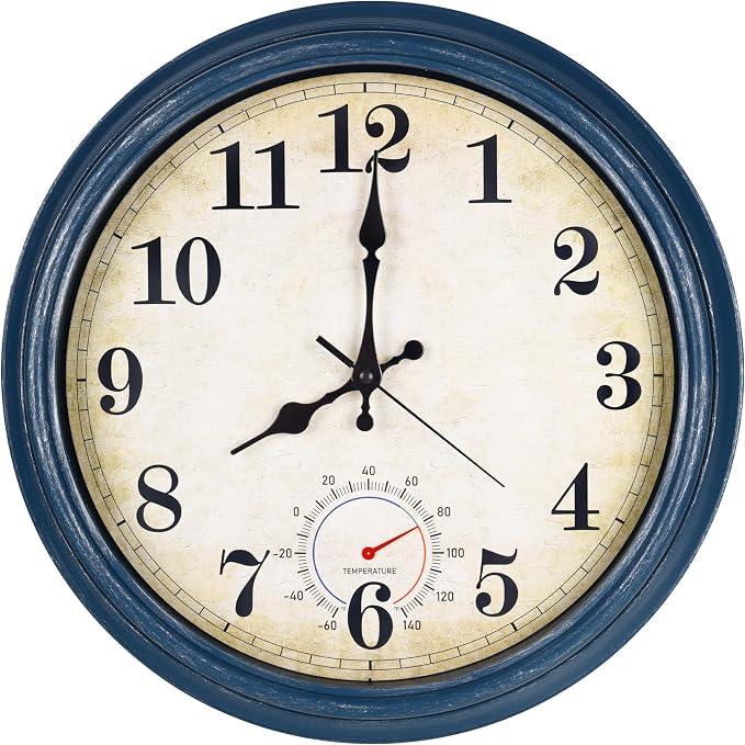 Outdoor Clock Waterproof with Thermometer Wall Clock for Patio Pool Bathroom Kitchen 16 Inch Blue
