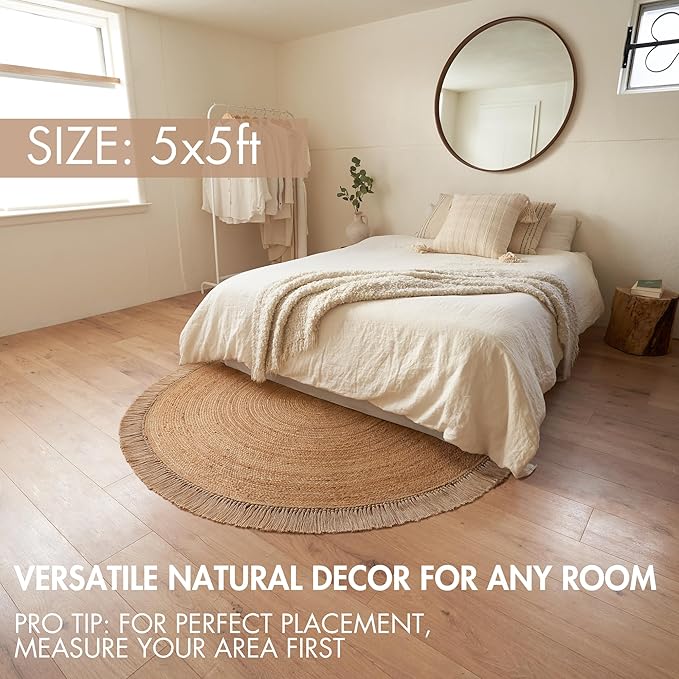 Beautiful 5x5 ft Round Jute Area Rug - Natural Hand Woven Braided Circle | Fits Perfectly Into Your Entry Area, Kitchen or Living Room - Modern Braided Mat Enhances Any Boho Decor