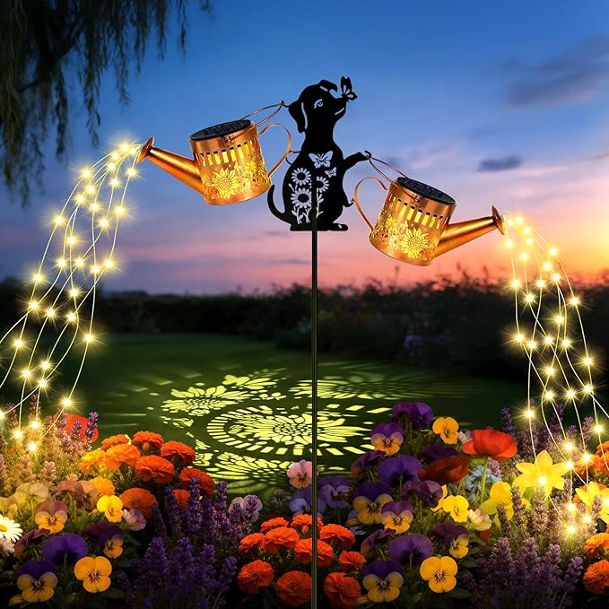 2 Pack Solar Watering Can Lights, Metal Solar Lights Outdoor Decorative with Dog Silhouette Stake, Waterproof Hanging Lantern Garden Decor Light for Outside, Patio, Yard, Birthday Gifts for Women