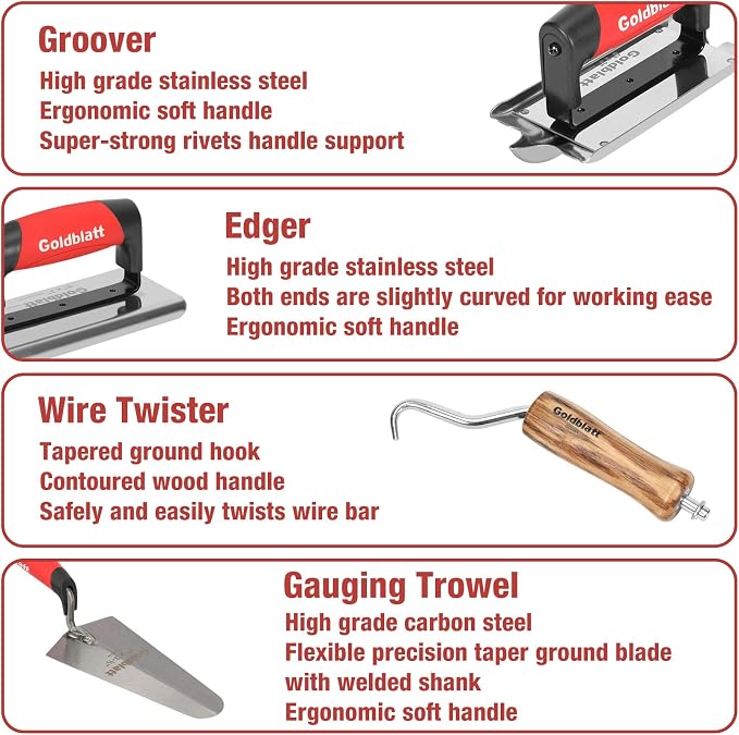 Goldblatt 8 Pieces Masonry Hand Tool Set Includes Finishing Trowel, Gauging Trowel, Groover, Edger, Extruded Alloy Float, Wood Float and Wire Twister, Organized in Tool Bag