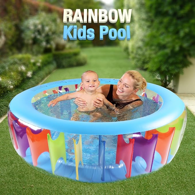 Inflatable Kiddle 62in Kids Swimming Rainbow Pool with Soft Floor, Blow Up Ball Pit Pool, Backyard, Garden, Outdoor, Party