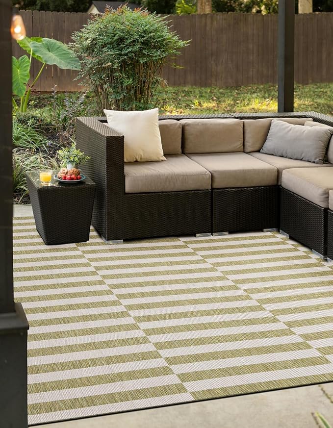 Unique Loom Outdoor Striped Collection Area Rug - Striped (10' Square Green/Ivory)