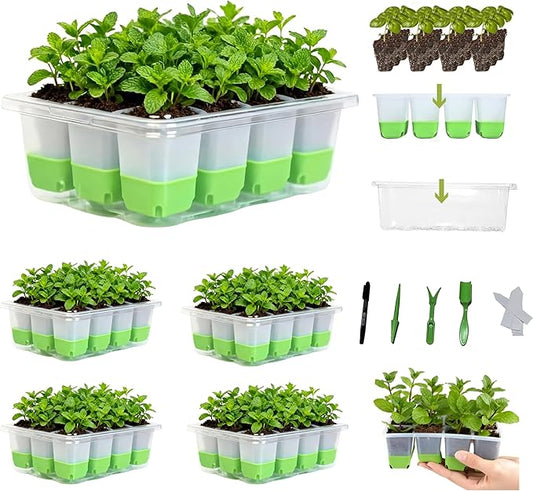 NestNature 5-Pack Seed Starter Tray Set|Reusable 60Cell Seed Starter Trays | Flexible Germination Trays For Plants|Seed Trays With Flexible Pop-Out Design&Dishwasher Safe For Herbs,Vegetables,Flowers