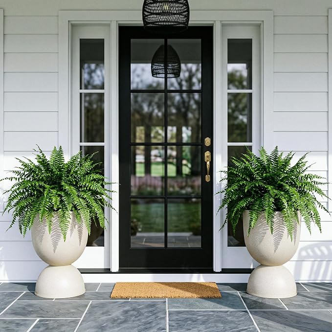 KOL Planters Flower Pots, Plastic Urn Planters for Indoor Outdoor Plants, Beige Pedestal Planter Pots 2 Pack, 18 Inch Tall Decorative Planters with Drainage Holes & Plugs for Front Porch Patio Garden