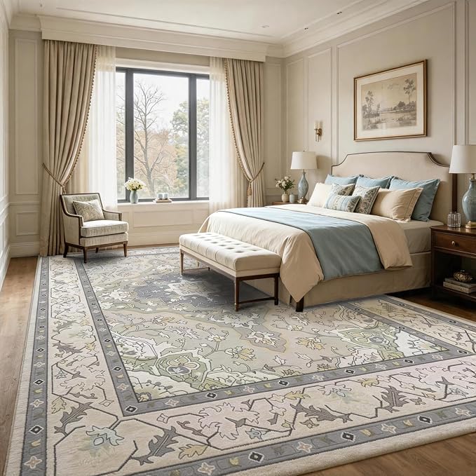 Vintage Farmhouse 8x10 Washable Rug | Non-Slip, Stain Resistant, Low-Pile Carpet for Living Room, Dining Room, Bedroom, Office, Grey Green