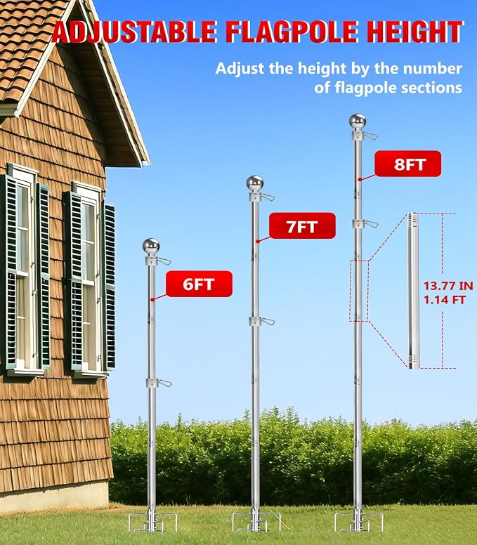 304 Stainless Steel 8FT In Ground Flag Pole with 7 Prongs Base, Heavy Duty Extra Thick Camper Flag Pole, 1 Inch Inground Flag Pole for Outside House, Yard, Garden (Silver-8FT)