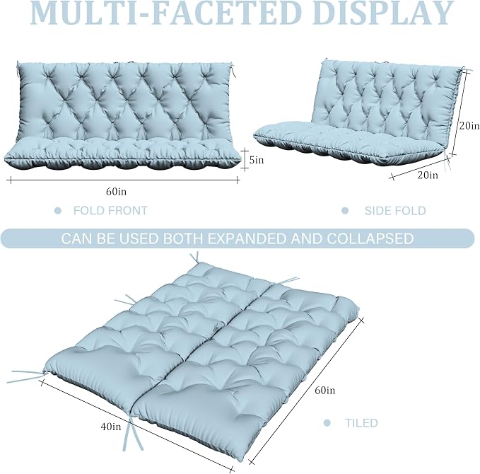 Porch Swing Cushion with Backrest,Waterproof Bench Cushion for Outdoor Furniture,2-3 Seater Replacement Thickened 5 in swing cushion,with Ties,Patio,Outdoor,Backyard and Garden (Sky Blue,60x40 in)