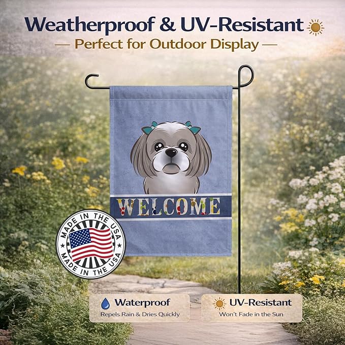 Caroline's Treasures BB1436GF Gray Silver Shih Tzu Welcome Garden Flag, Blue Mailbox Flag Decorative Yard Flag Banner Outside Patio Artwork Yard Flower Beds, Garden Size, Multicolor