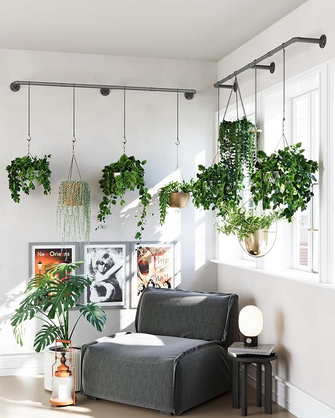 SOFITORG 65.7" Metal Plant Hanging Rod, 6 Chains, 2 Pack, Pots Not Included | Wall Plant Hanging Bar, Durable Hanging planter holder for Window Ceiling, Easy Assembly, All Hardware Included, Black