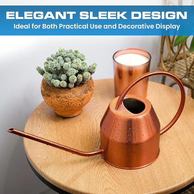 Plexon Rose Gold Metal Watering Can Indoor Plants 40 oz, Stainless Steel Long Spout Watering Can Outdoor House Plant Flower, Garden