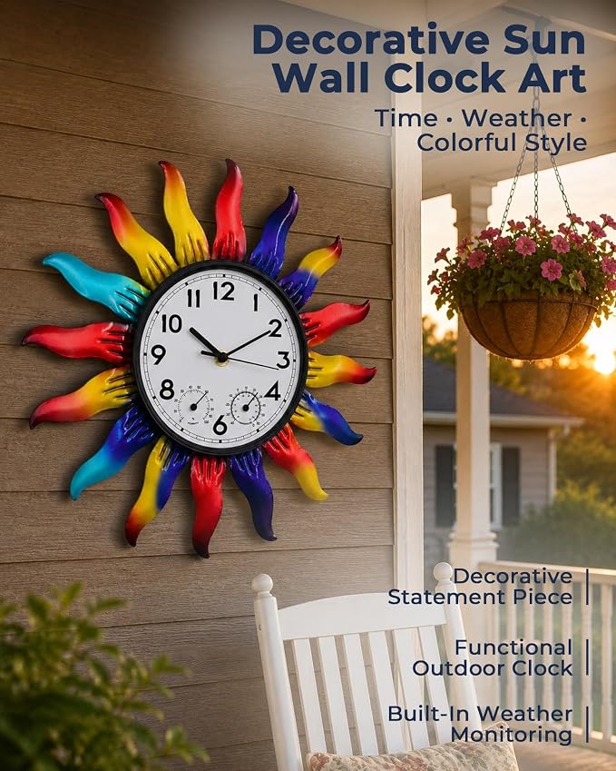 13 Inch Metal Outdoor Wall Clock Colorful Sun Decor Waterproof Outside Clock with Thermometer Humidity Gauge Silent Non Ticking Quartz Timepiece for Garden, Patio, Fence, Yard Gift