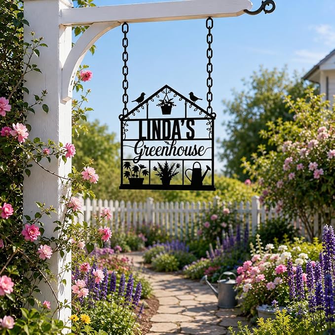 Personalized Greenhouse Garden Sign, Custom Metal Garden Name Plaque with Rustic Finish, Outdoor Yard Art for Plant Lovers, Unique Mothers Day & Gardener Gift for Patio Decor