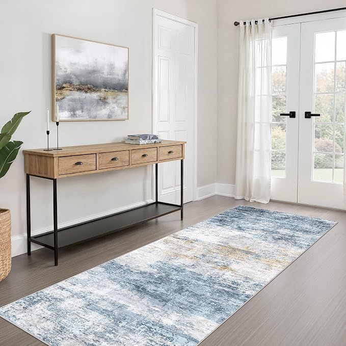 LOONGRUG Runner Rug 2x6 Machine Washable Non-Slip Kitchen Rug Blue Gold | Neutral Abstract Modern Soft Stain Resistant Indoor Accent Throw Carpet for Hallway Bathroom Laundry Room Bedroom Entryway