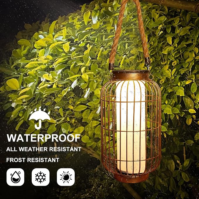 pearlstar Large Solar Powered Lantern Outdoor-Heavy Duty Metal Hanging Lights Decorative Solar Table Lamp Waterproof for Outside Patio Yard Garden Porch Tabletop Decor (Copper)