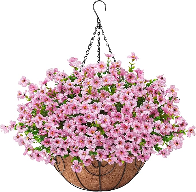 Artificial Fake Hanging Flowers Plants Basket for Outdoors Outside Spring Decoration,Hanging Planters with Faux Silk Flowers Realistic UV Resistant for Balcony Porch Patio Garden Fron Home Decor（Pink）