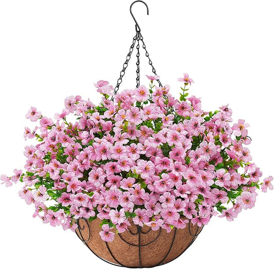 Artificial Fake Hanging Flowers Plants Basket for Outdoors Outside Spring Decoration,Hanging Planters with Faux Silk Flowers Realistic UV Resistant for Balcony Porch Patio Garden Fron Home Decor（Pink）