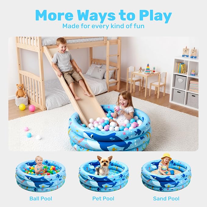 Sloosh Inflatable Kiddie Pool, 34"x10" Blow Up Kid Swimming Pool, 3 Rings Blue Baby Pool for Toddler, Play Pit for Dog with Ocean Whale Pattern for Summer Water Party Backyard Garden(Whale)