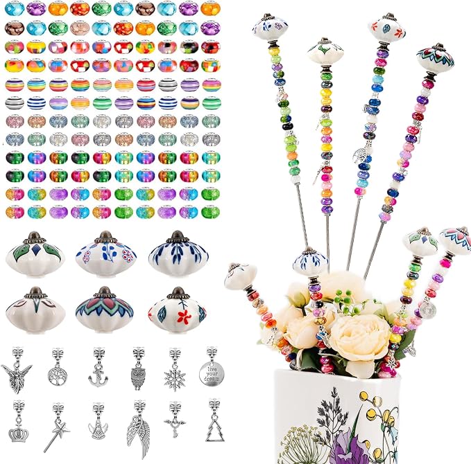 Decorative Garden Stakes DIY Fairy Wand Beaded Garden Plant Stakes Kit with Ceramic Stopper Tops Silver Pendant Threaded Rod,100 Colorful Beads for Indoor Outdoor Plant Flower Pot Décor