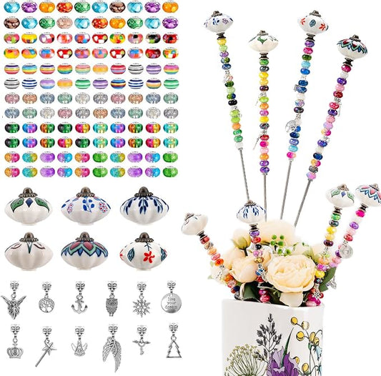 Decorative Garden Stakes DIY Fairy Wand Beaded Garden Plant Stakes Kit with Ceramic Stopper Tops Silver Pendant Threaded Rod,100 Colorful Beads for Indoor Outdoor Plant Flower Pot Décor