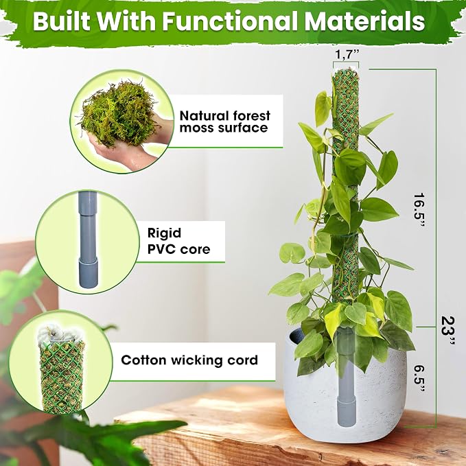 DUSPRO Self-Watering Natural Green Forest Moss Pole, Easy to Use Moss Sticks for Indoor Plants, Climbing Plant Support Stake with Self-Watering Feature, Moss Pole Monstera Plant Support 2pcs 23''