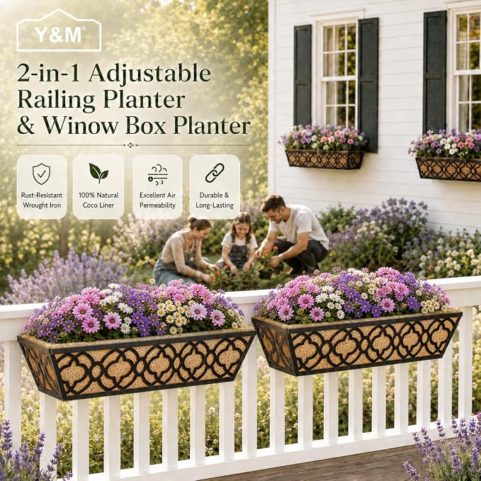 Y&M Railing Planter Boxes 24 Inch 4 Pack, Hanging Balcony Planter, Adjustable Deck Railing Planter Box, Metal Window Boxes Outdoor for Fence, Porch Flower Pots Holder
