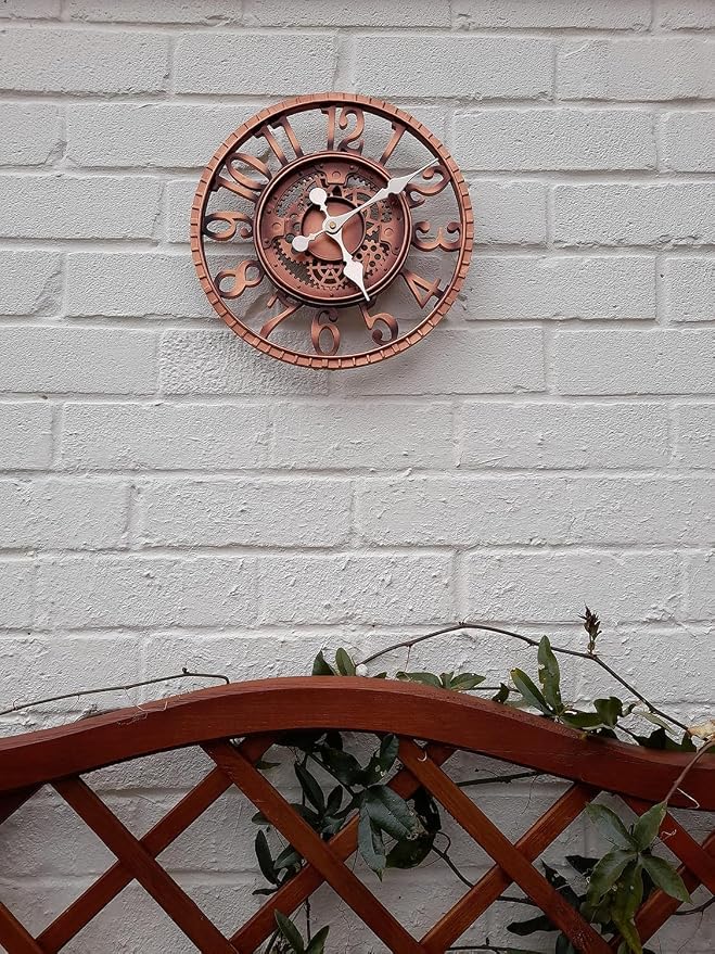 Outdoor Wall Clock for Garden, Patio and Deck, 12in Garden Clock Waterproof Clocks -Not Silent (Red Copper)
