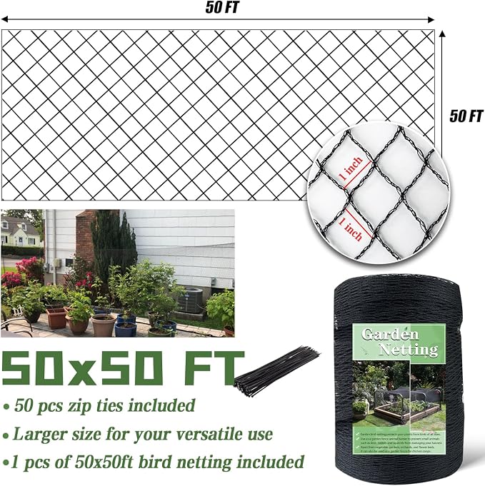 Bird Netting，50 x 50 FT Garden Netting Bird Net for Chicken Coop, Poultry Netting Fence for Fruit Trees, Plants and Vegetables Against Birds, Deer, Squirrels and Other Animals