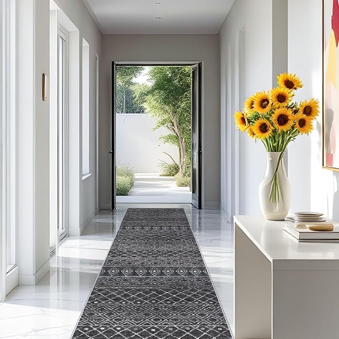 3x12 Runner Rug for Hallway: Long Kitchen Machine Washable Runner Black | Non Slip Rug Runner Moroccan Floor Mat Low Pile Indoor Carpet for Bedroom Entryway