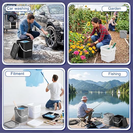 Mumufy 3 Pcs 3.5 Gallon Square Food Grade Bucket with Lid Square Bucket Pail Plastic Handles for Long Term Food Storage, Camping, Fishing, Home Organization Easy Stack and Store (Black,Gray,White)