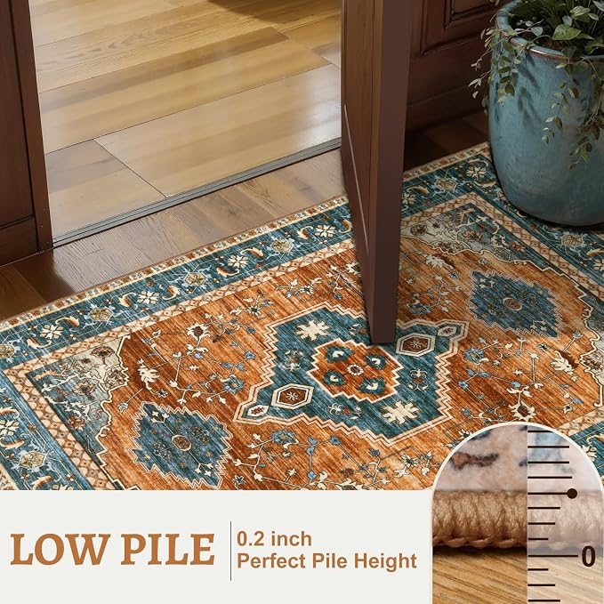 Tangsoo Oriental 2x3 Washable Rugs for Entryway, Non Slip Small Area Rug | Vintage Indoor Front Door Rug, Boho Door Mat Carpet, Soft Low Pile Throw Rugs for Entrance Entry Kitchen Bedroom Orange/Blue