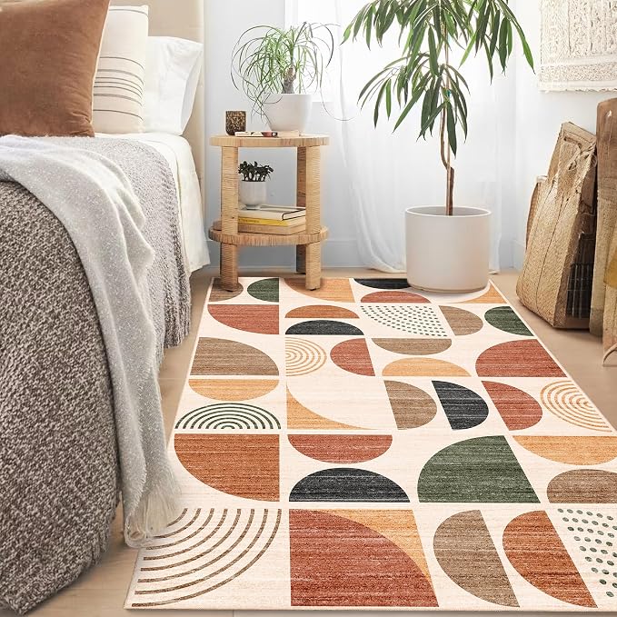 3x5 Rug Washable,Boho Area Rugs Small Non Slip Modern Abstract | Machine Washable Throw Carpet for Bedroom Entryway Living Room Bedside Soft Low Pile Floor Indoor Bohemian Terracotta