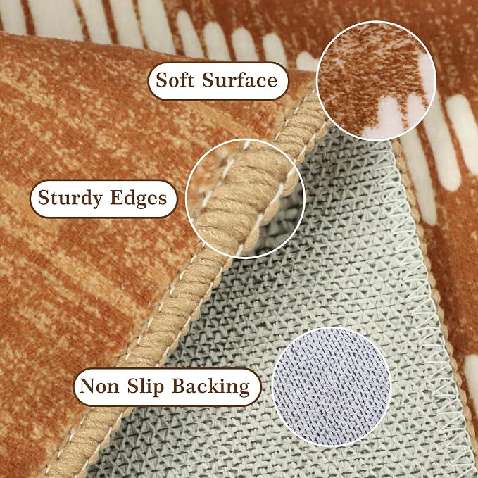 Boho Washable Area Rugs 6x9ft, Moroccan Soft Brown Living Room Nursery Rugs Non Slip, Low Pile Large Bedroom Floor Carpets for Dining Room Bathroom Office Farmhouse