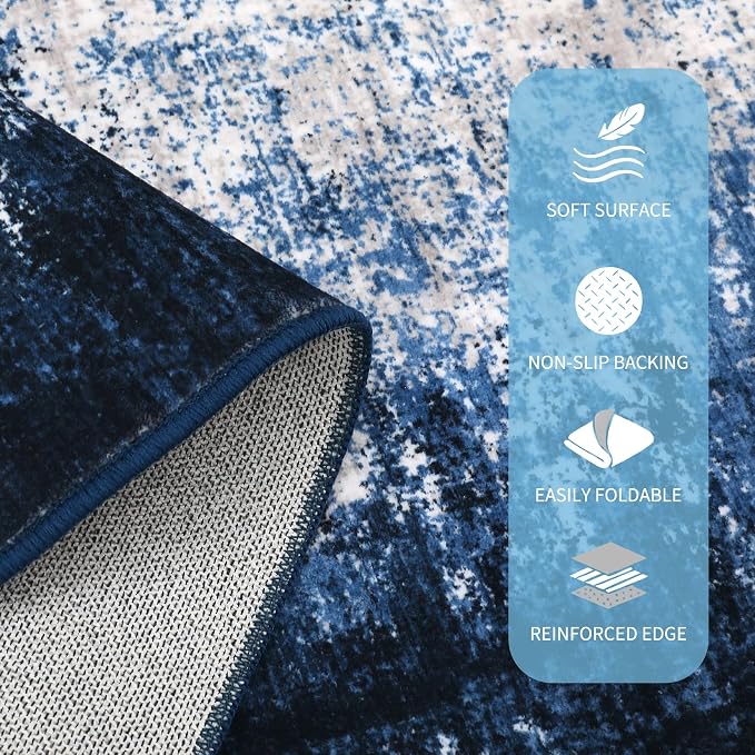 GarveeHome Entryway Rug 2.5x8 Washable Modern Abstract Small Blue | Non-Slip Backing, Stain-Resistant Low Pile Floor Cover, Colorful Indoor Mat, Bedroom, Kitchen, Laundry