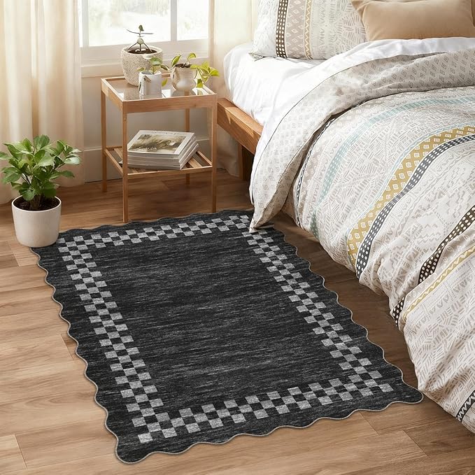 GarveeHome Small Area Rug 2x3 Washable Solid Color Scalloped Kitchen Rugs | Modern Checkered Entry Rug Bedroom Doormat Non Slip Stain Resistant Bordered Throw Carpet for Living Room Nursery, Grey