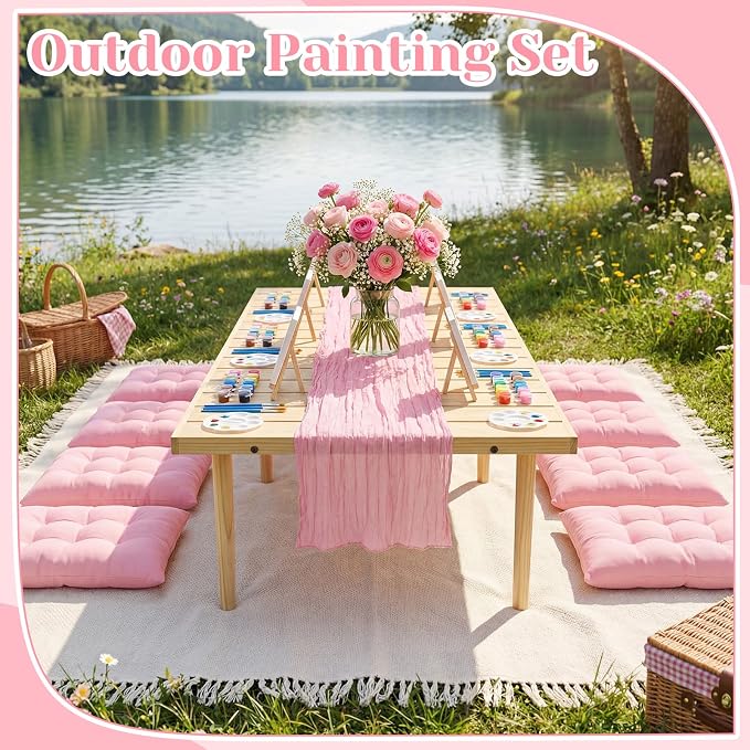 18 Pcs Picnic Paint Party Kit 118'' x 71'' Extra Large Outdoor Boho Blanket with Painting Kit Pink Floor Pillow Cushions and Cheesecloth Table Runner for Painting Party