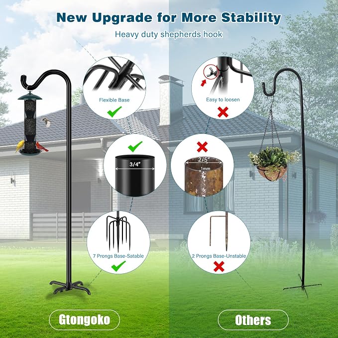 Gtongoko Shepherds Hook for Outdoor, 92 Inch Bird Feeder Pole with 7 Prongs Base, 3/4 Inch Thick Heavy Duty Adjustable Garden Hook for Hanging Plant, Hummingbird Feeder, Lantern, 1 Pack