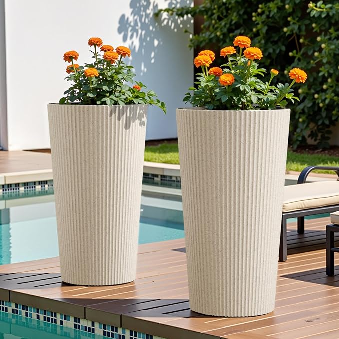 23.6" H Tall Planters for Outdoor Plants Set of 2 - Fluted Large Outdoor Planters for Front Porch Decor with Drainage Hole, Plastic Round Flower Pots Fits Indoor Plants Patio/Garden, Beige